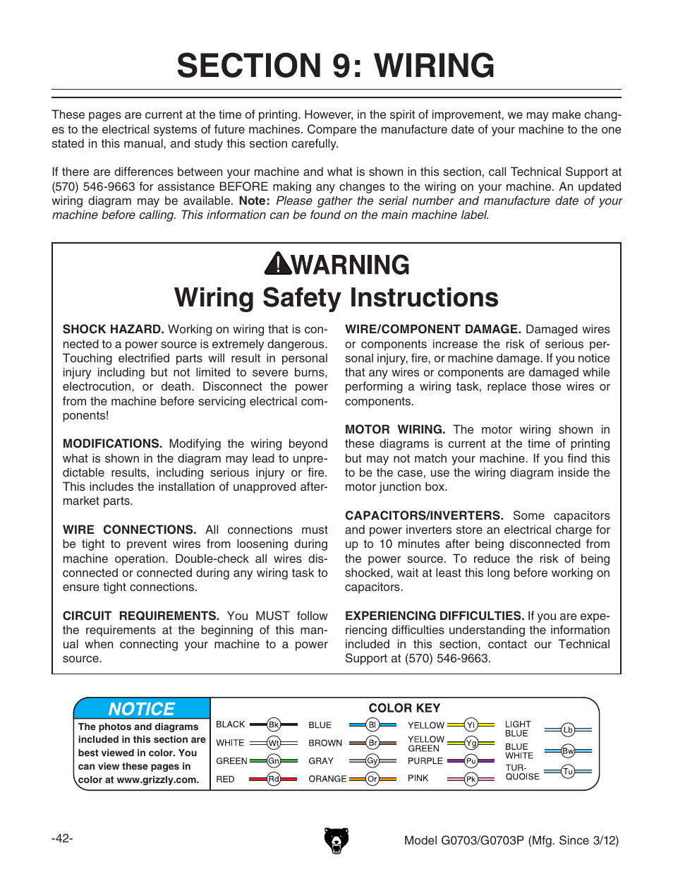 Wiring safety instructions | Grizzly 1 1/2 HP Cyclone G0703 User Manual | Page 44 / 56