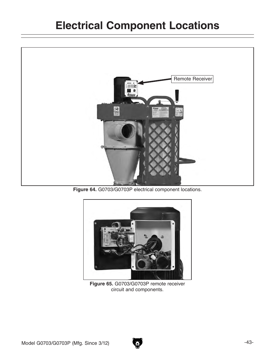 Electrical component locations | Grizzly 1 1/2 HP Cyclone G0703 User Manual | Page 45 / 56