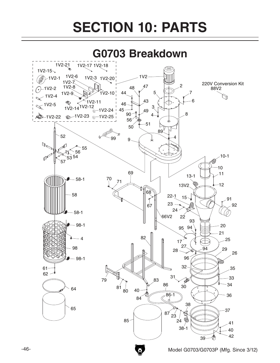 G0703 breakdown | Grizzly 1 1/2 HP Cyclone G0703 User Manual | Page 48 / 56