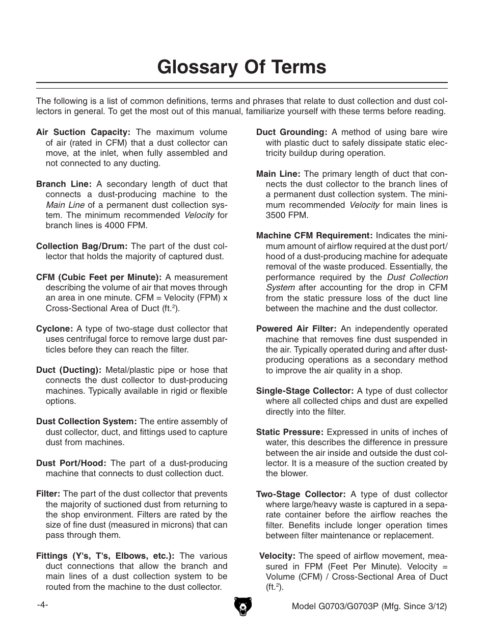 Glossary of terms | Grizzly 1 1/2 HP Cyclone G0703 User Manual | Page 6 / 56