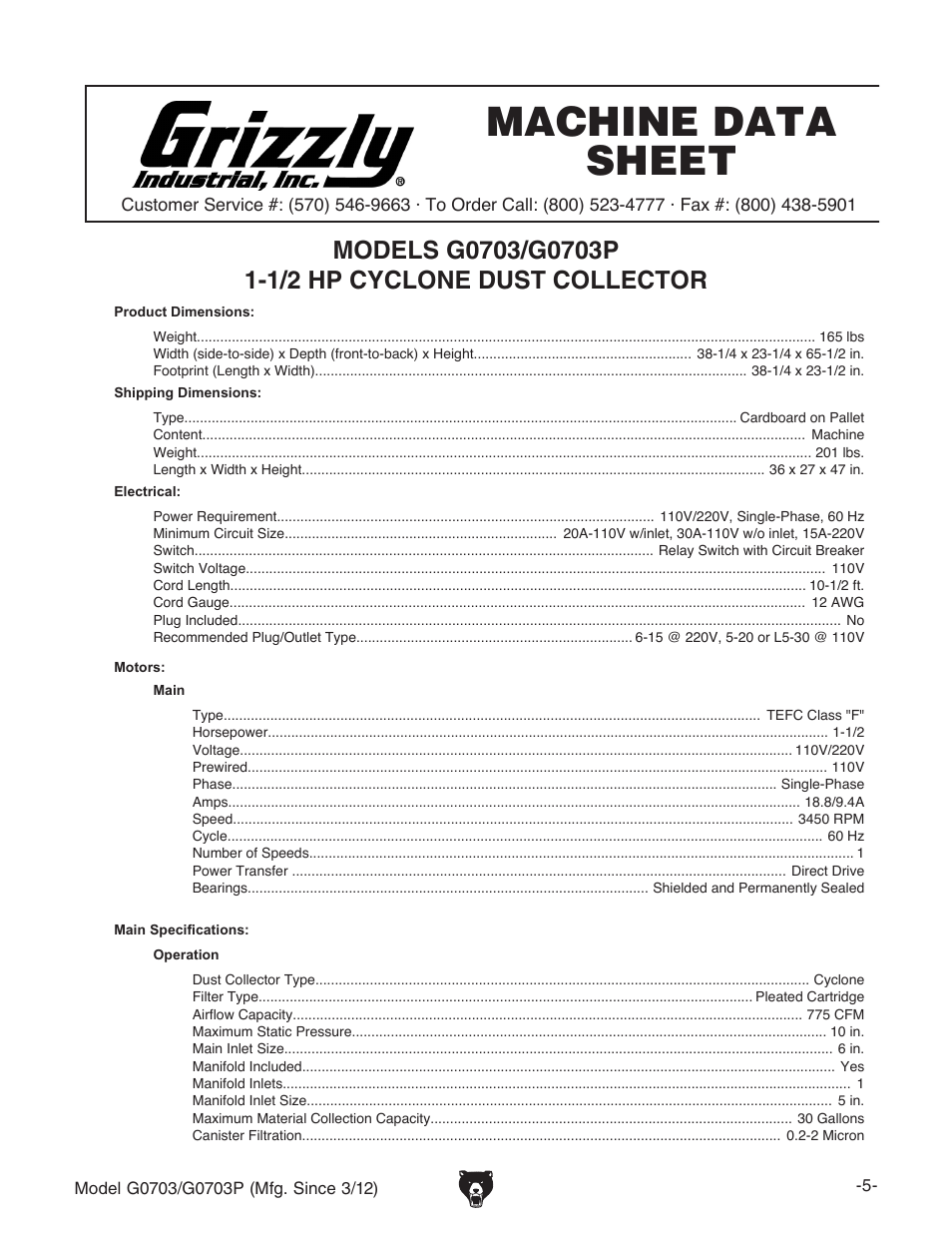 Machine data sheet | Grizzly 1 1/2 HP Cyclone G0703 User Manual | Page 7 / 56