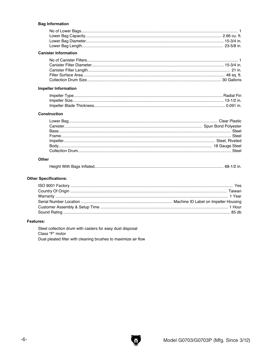 Grizzly 1 1/2 HP Cyclone G0703 User Manual | Page 8 / 56