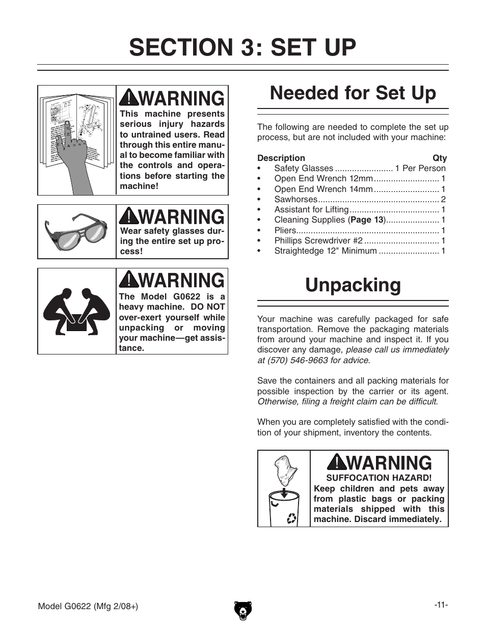 Needed for set up, Unpacking | Grizzly G0622 User Manual | Page 13 / 48