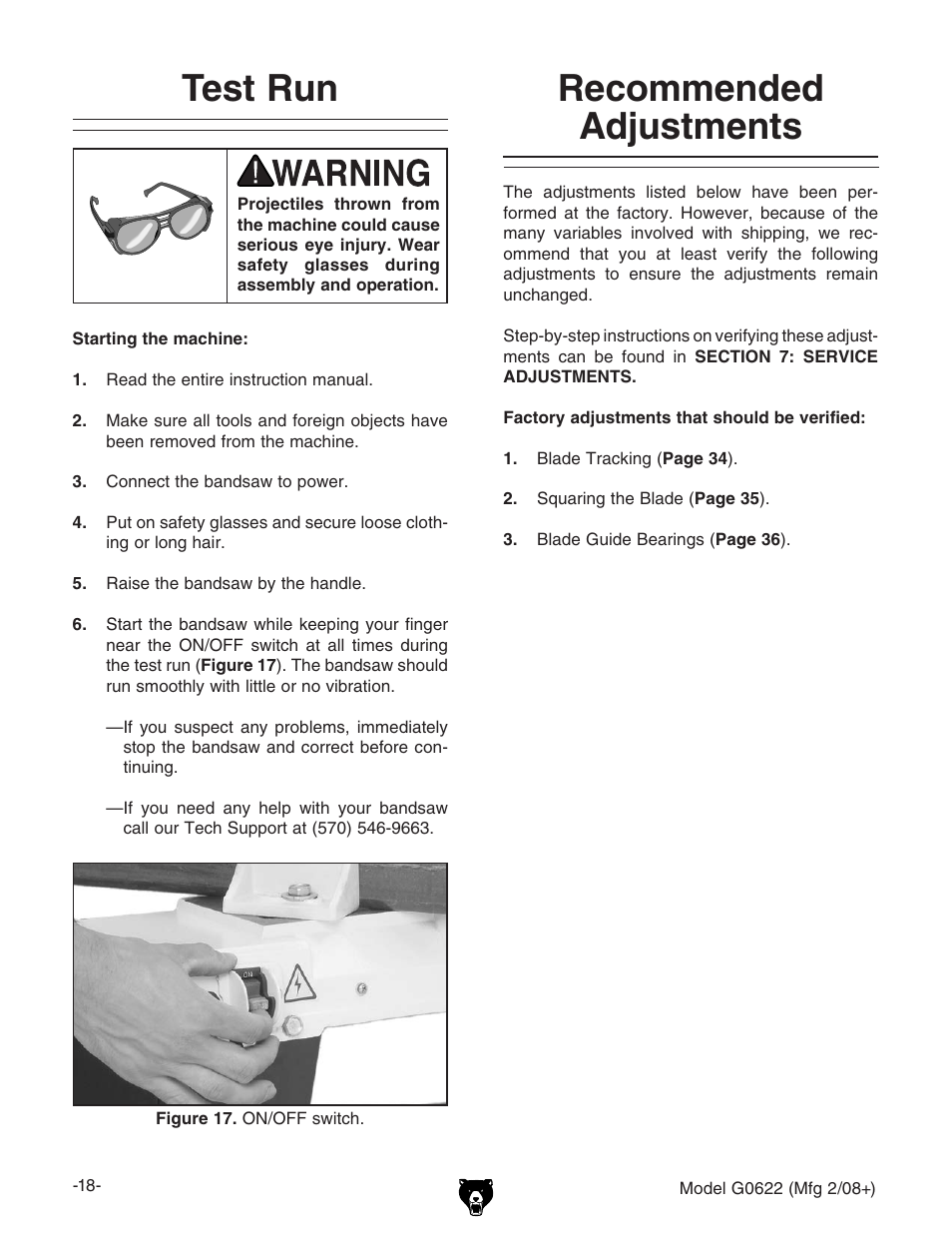 Recommended adjustments, Test run | Grizzly G0622 User Manual | Page 20 / 48