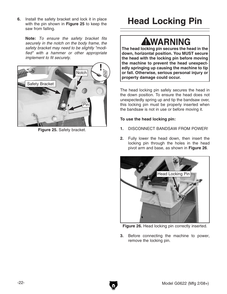 Head locking pin | Grizzly G0622 User Manual | Page 24 / 48