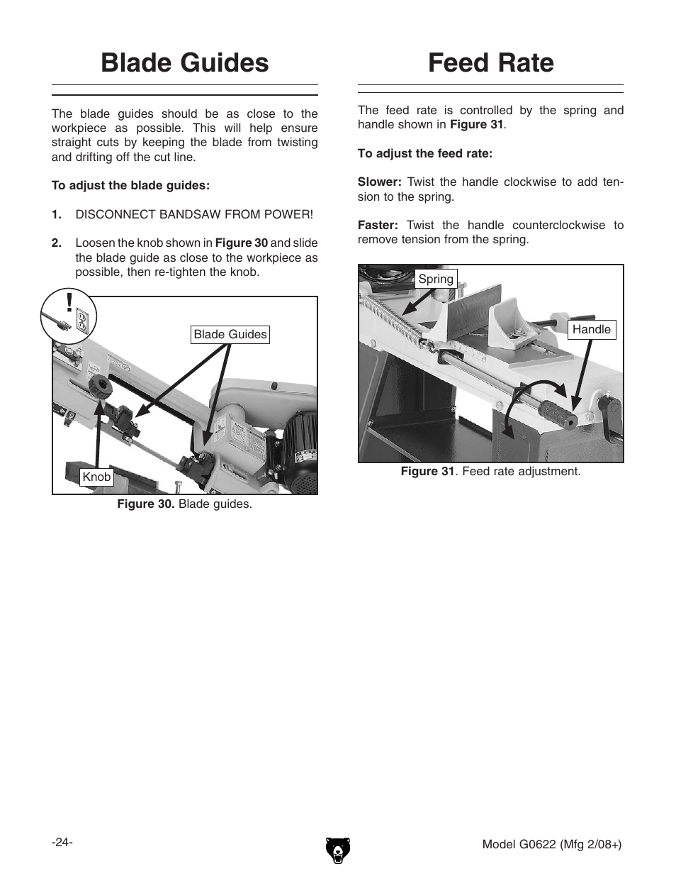 Blade guides, Feed rate | Grizzly G0622 User Manual | Page 26 / 48