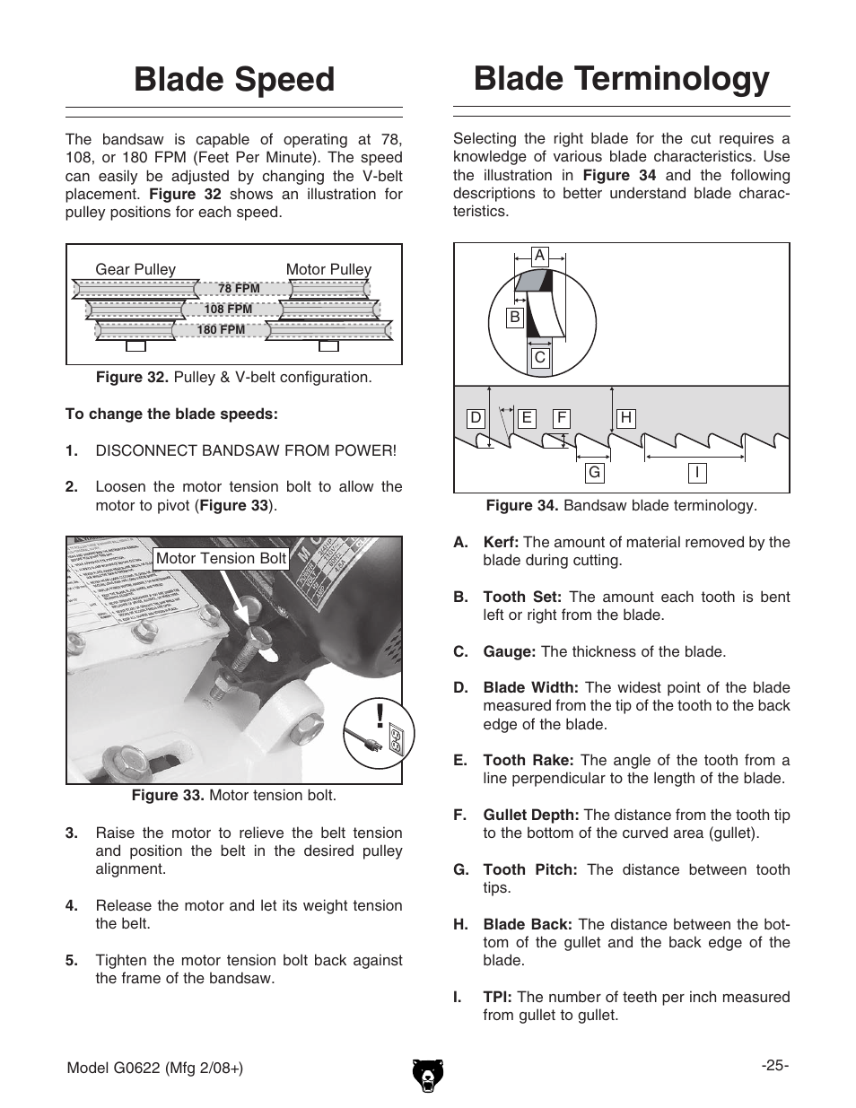 Blade speed, Blade terminology | Grizzly G0622 User Manual | Page 27 / 48
