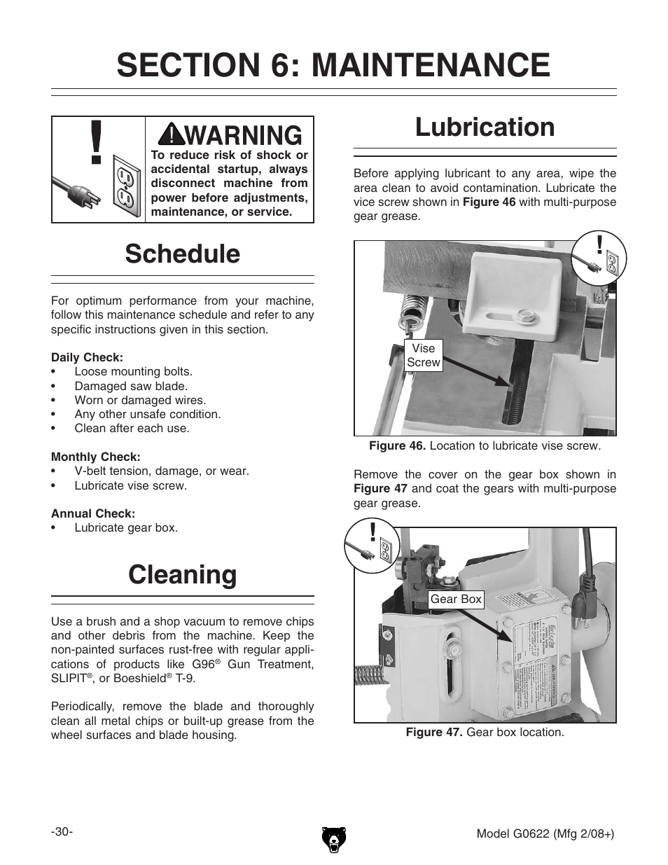 Lubrication, Schedule, Cleaning | Grizzly G0622 User Manual | Page 32 / 48