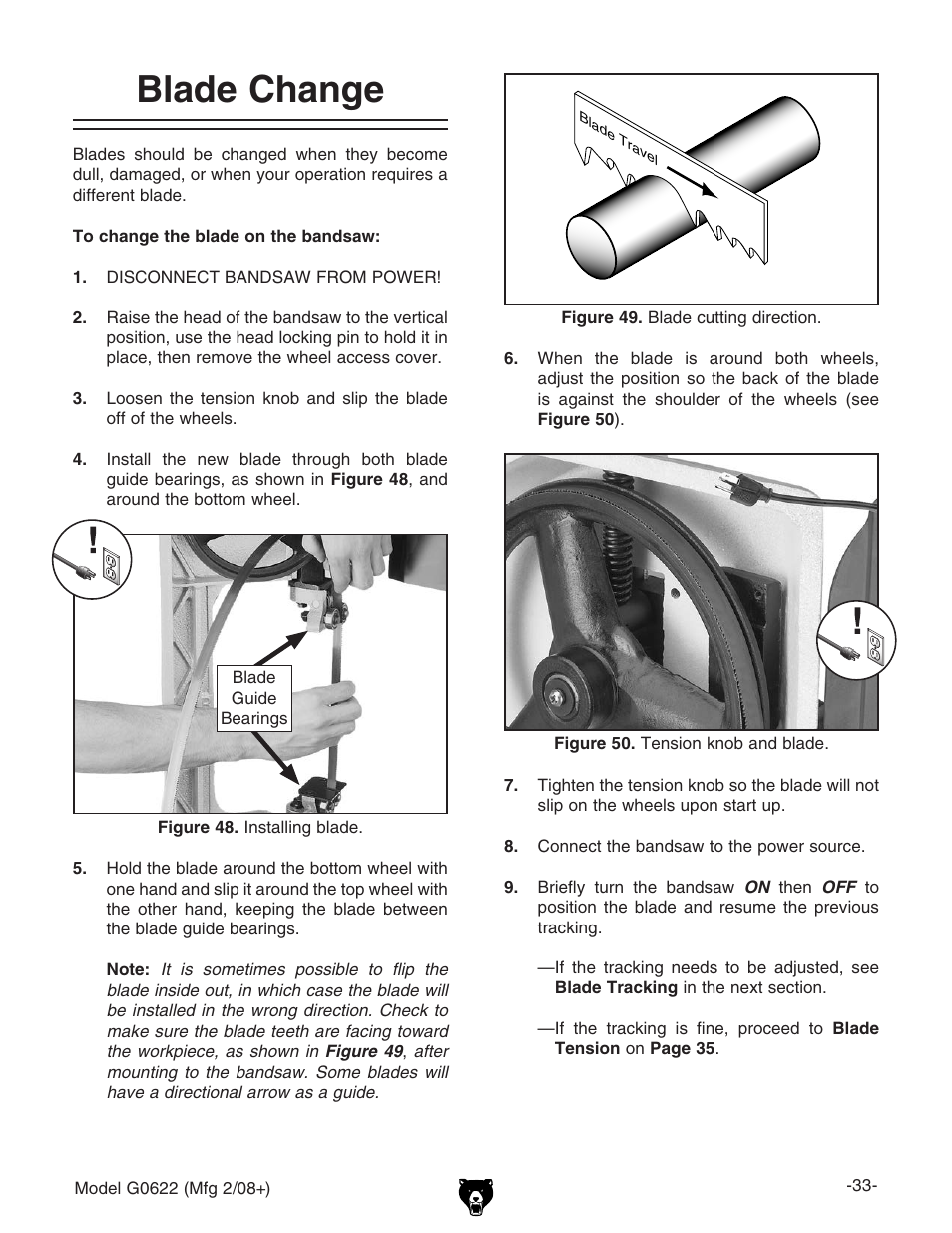 Blade change | Grizzly G0622 User Manual | Page 35 / 48