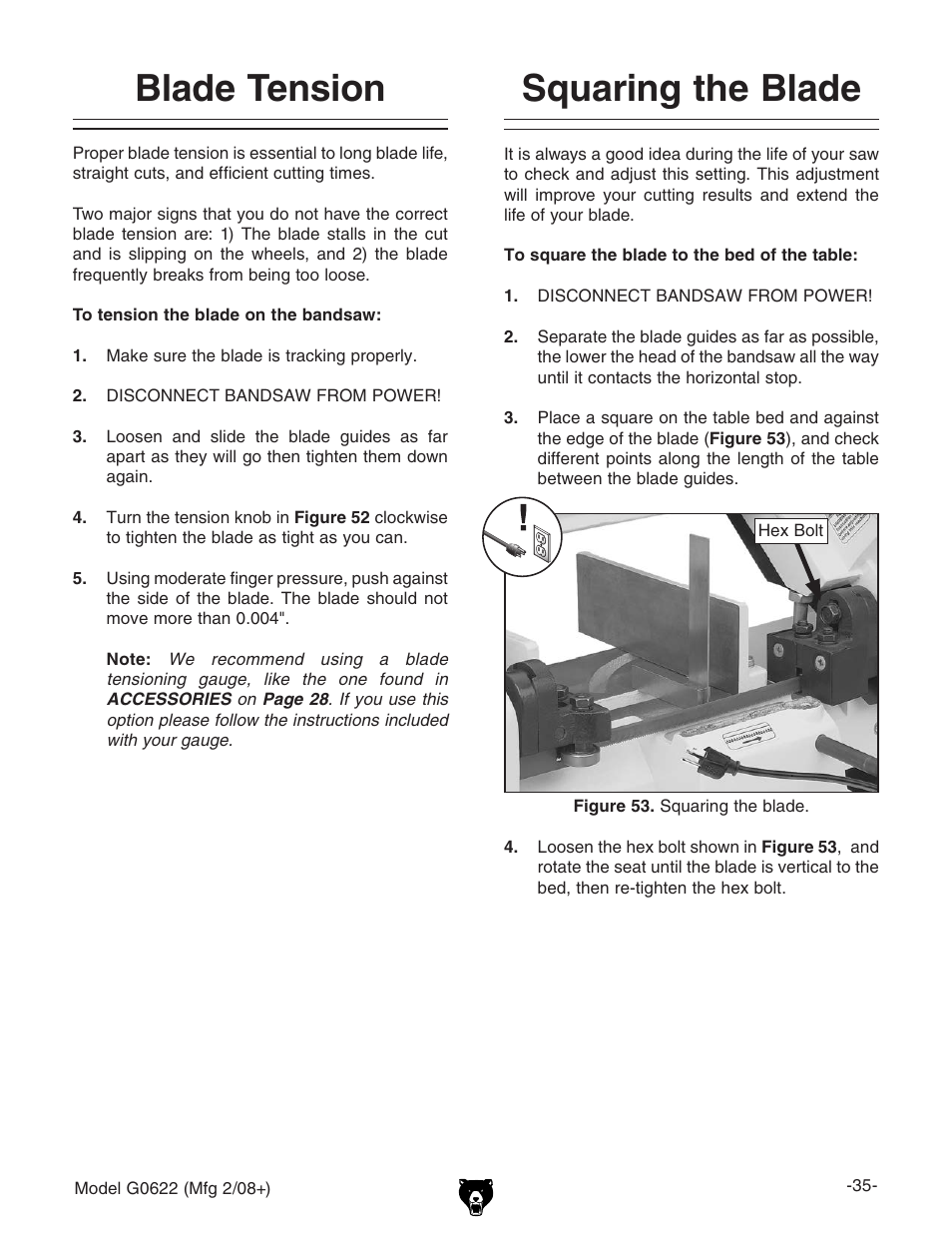Squaring the blade blade tension | Grizzly G0622 User Manual | Page 37 / 48