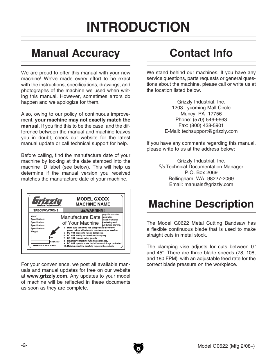 Introduction, Contact info machine description manual accuracy | Grizzly G0622 User Manual | Page 4 / 48