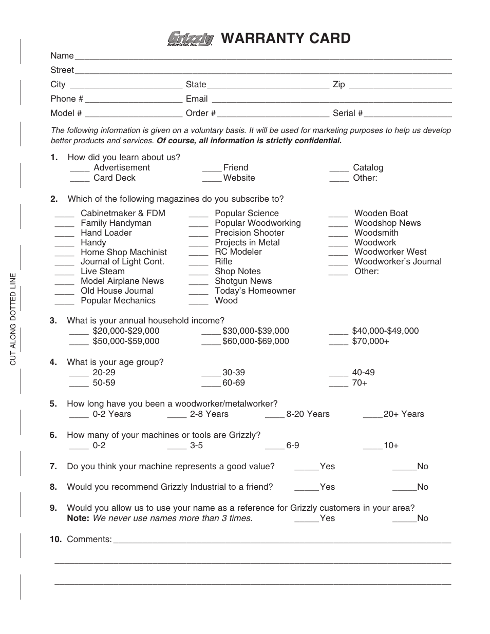 Warranty card | Grizzly G0622 User Manual | Page 45 / 48
