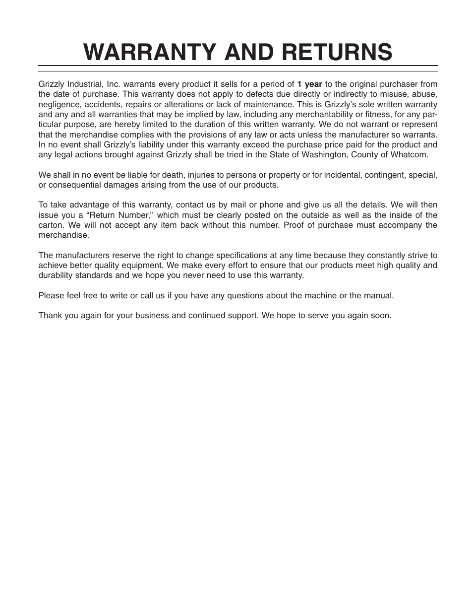 Warranty and returns warranty and returns | Grizzly G0622 User Manual | Page 47 / 48
