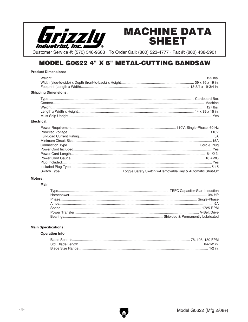 Machine data sheet | Grizzly G0622 User Manual | Page 6 / 48