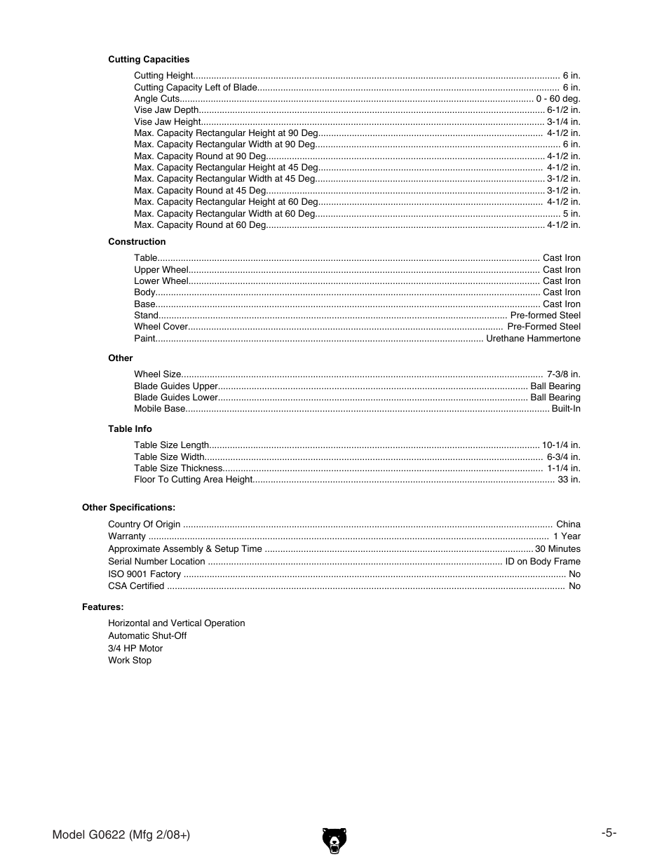 Grizzly G0622 User Manual | Page 7 / 48