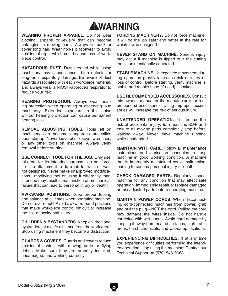 Grizzly G0622 User Manual | Page 9 / 48