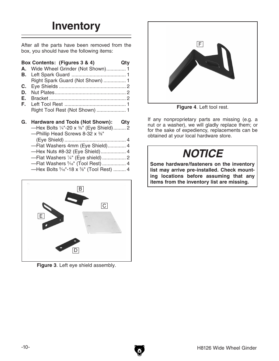 Inventory, Notice | Grizzly H8126 User Manual | Page 12 / 32