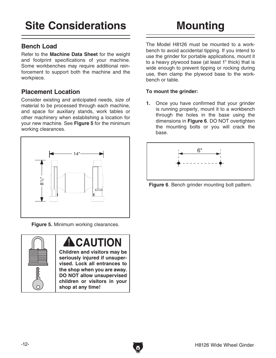 Site considerations, Mounting | Grizzly H8126 User Manual | Page 14 / 32