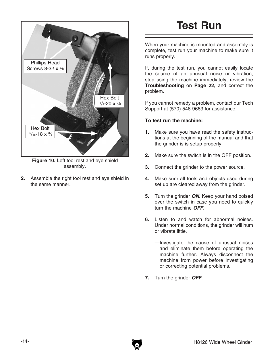 Test run | Grizzly H8126 User Manual | Page 16 / 32