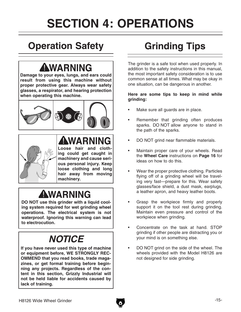 Operation safety, Notice, Grinding tips | Grizzly H8126 User Manual | Page 17 / 32