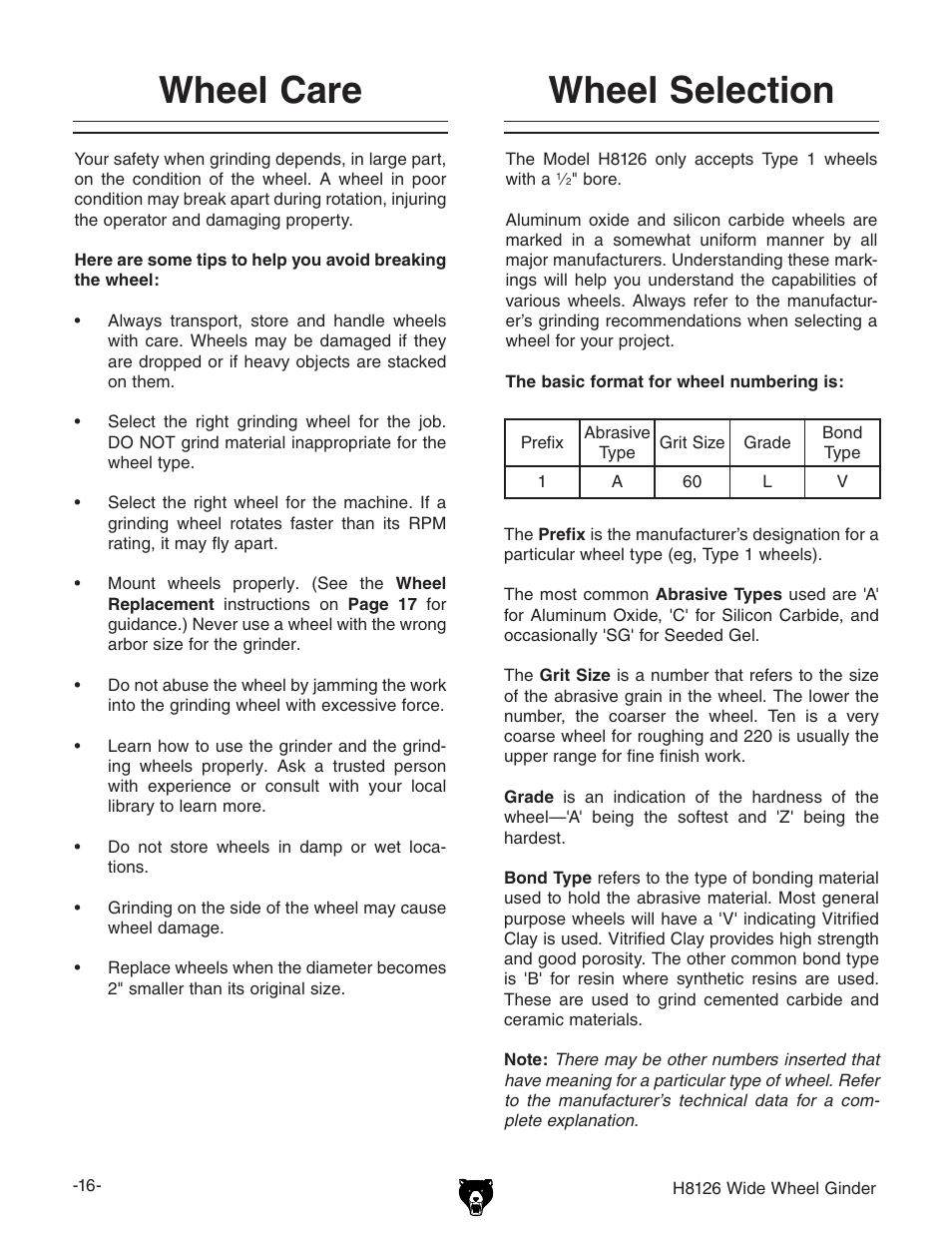 Wheel care, Wheel selection | Grizzly H8126 User Manual | Page 18 / 32