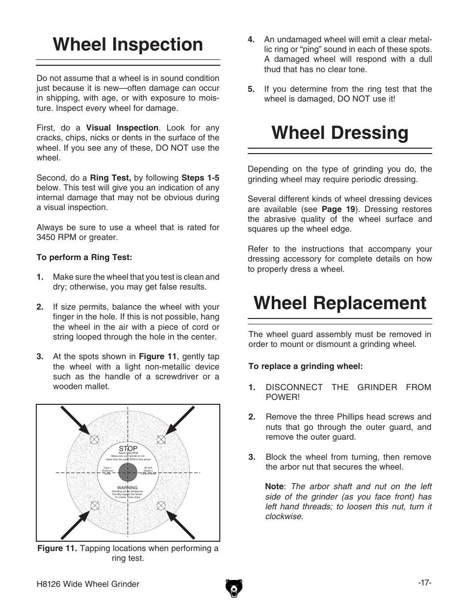 Wheel inspection, Wheel dressing, Wheel replacement | Grizzly H8126 User Manual | Page 19 / 32