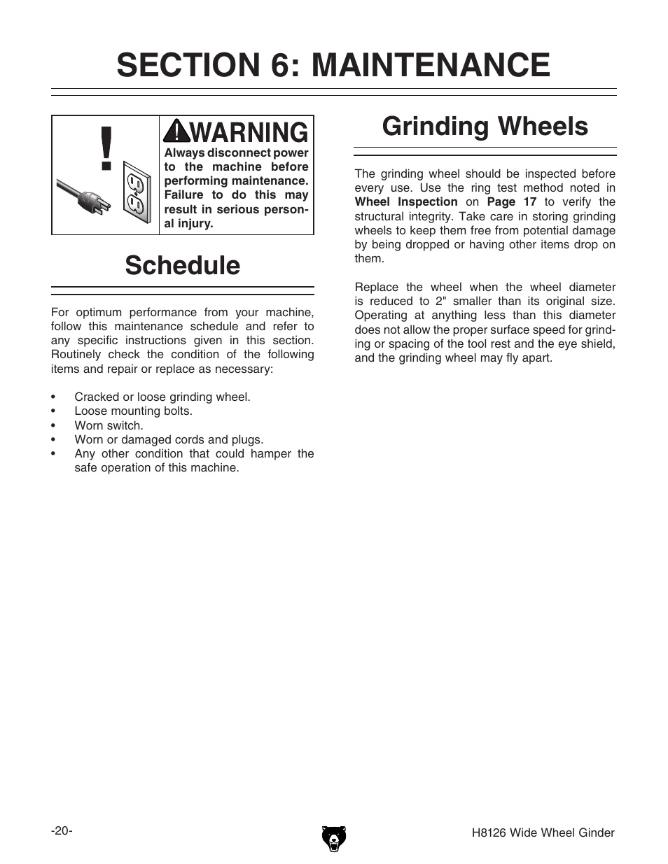 Schedule, Grinding wheels | Grizzly H8126 User Manual | Page 22 / 32
