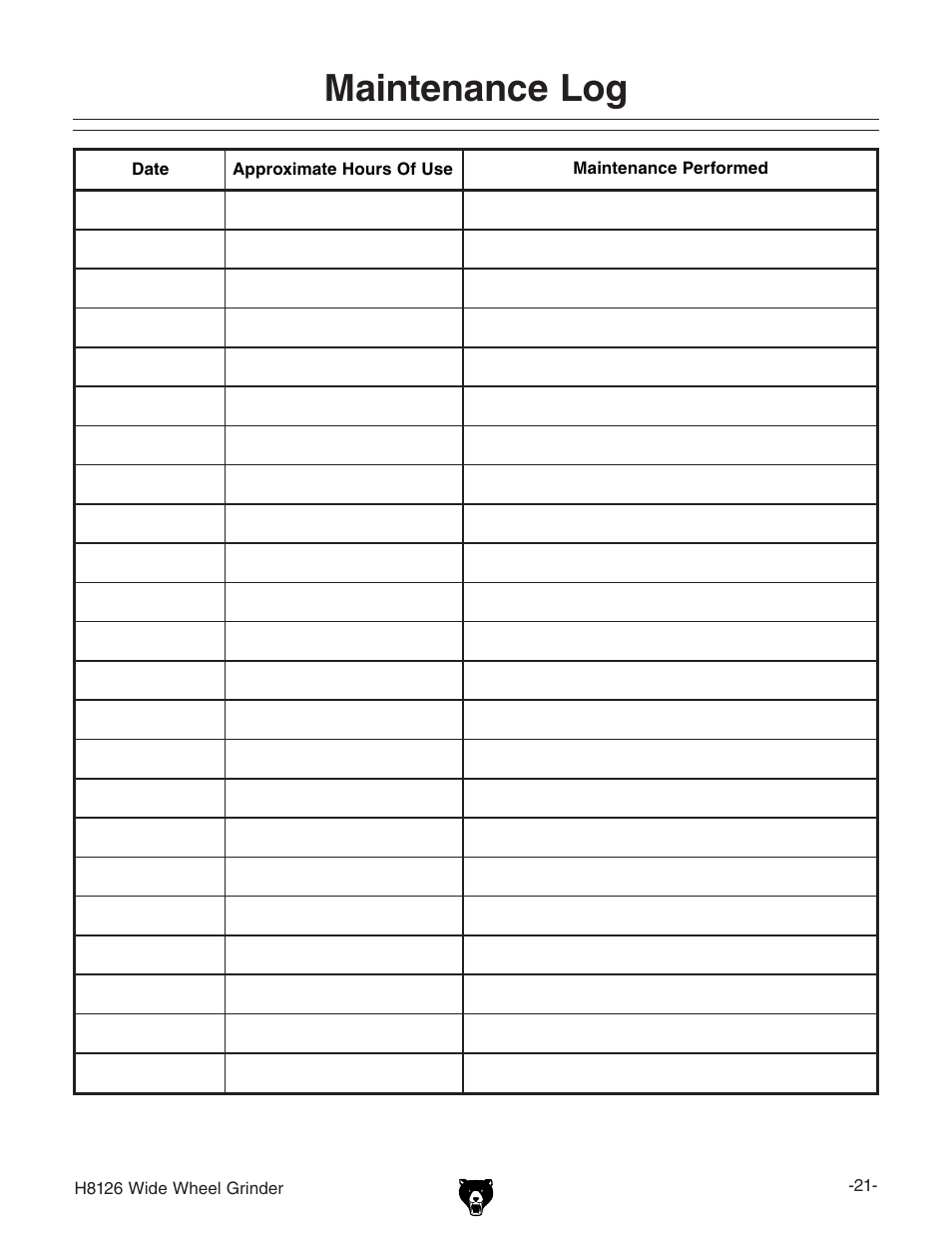 Maintenance log | Grizzly H8126 User Manual | Page 23 / 32