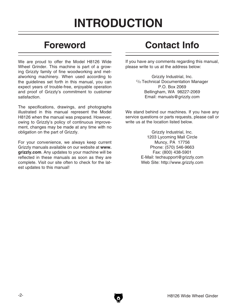 Introduction, Foreword, Contact info | Grizzly H8126 User Manual | Page 4 / 32