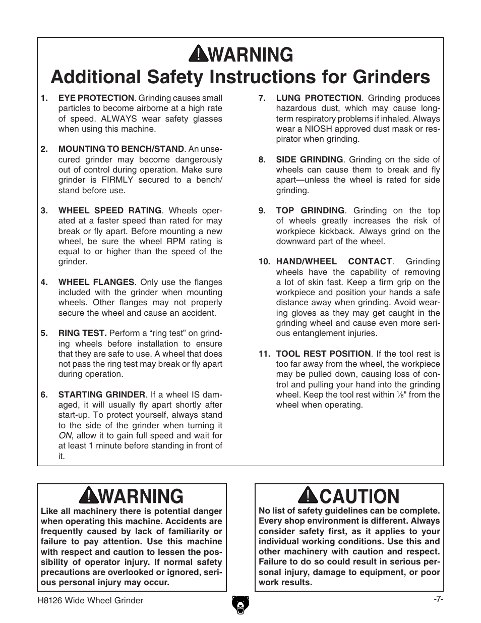 Additional safety instructions for grinders | Grizzly H8126 User Manual | Page 9 / 32