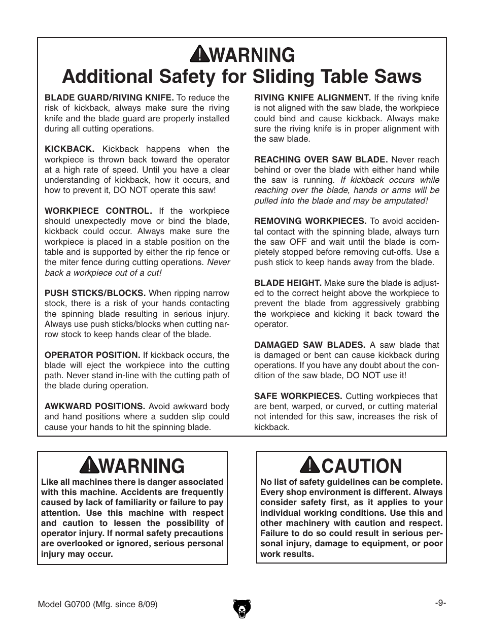 Additional safety for sliding table saws | Grizzly G0700 User Manual | Page 11 / 88