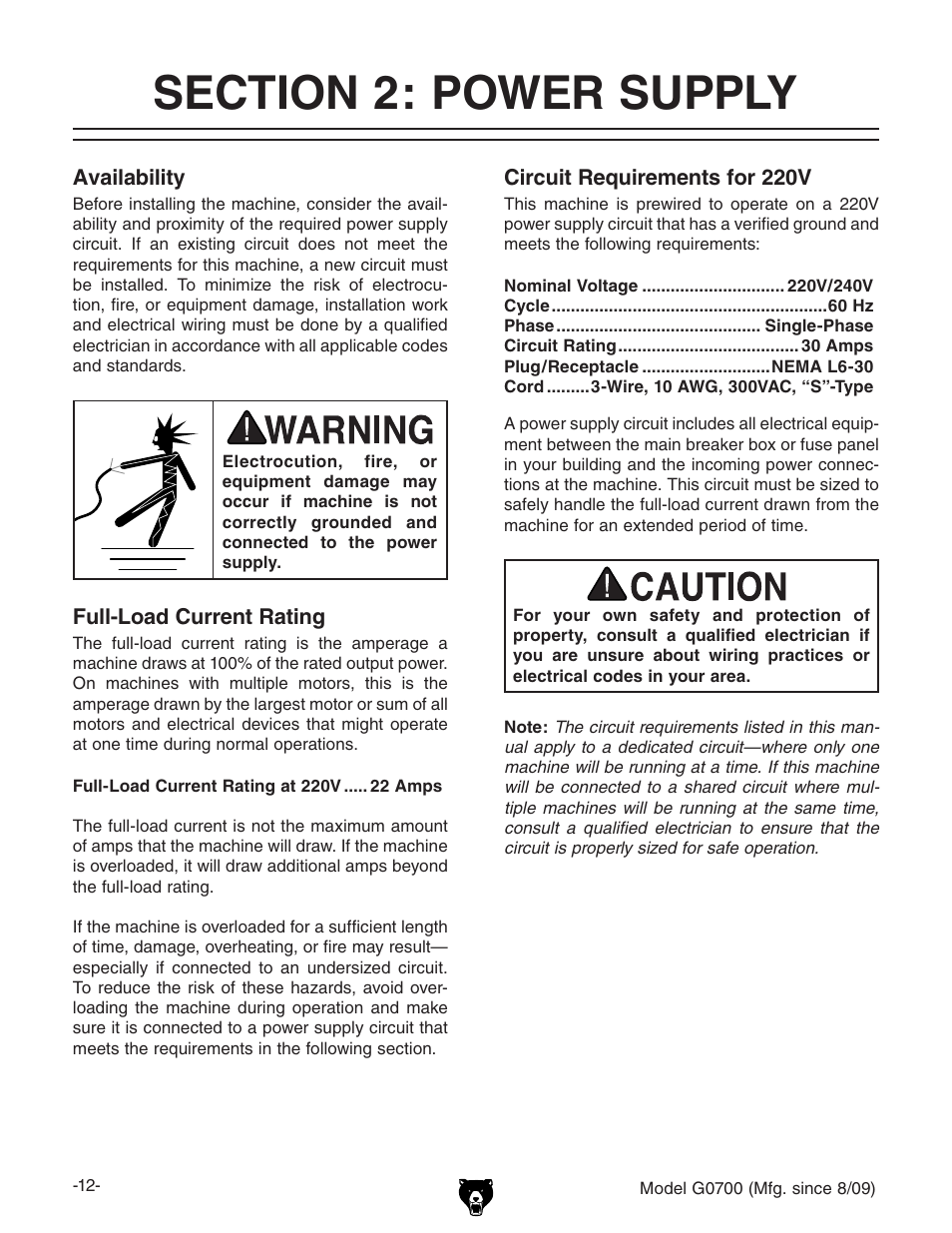 Section 2: power supply | Grizzly G0700 User Manual | Page 14 / 88