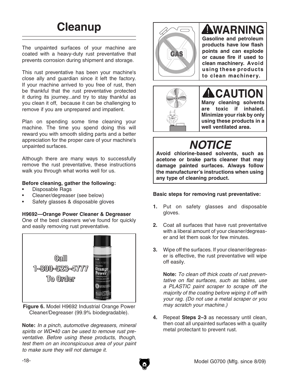 Cleanup, Notice | Grizzly G0700 User Manual | Page 20 / 88