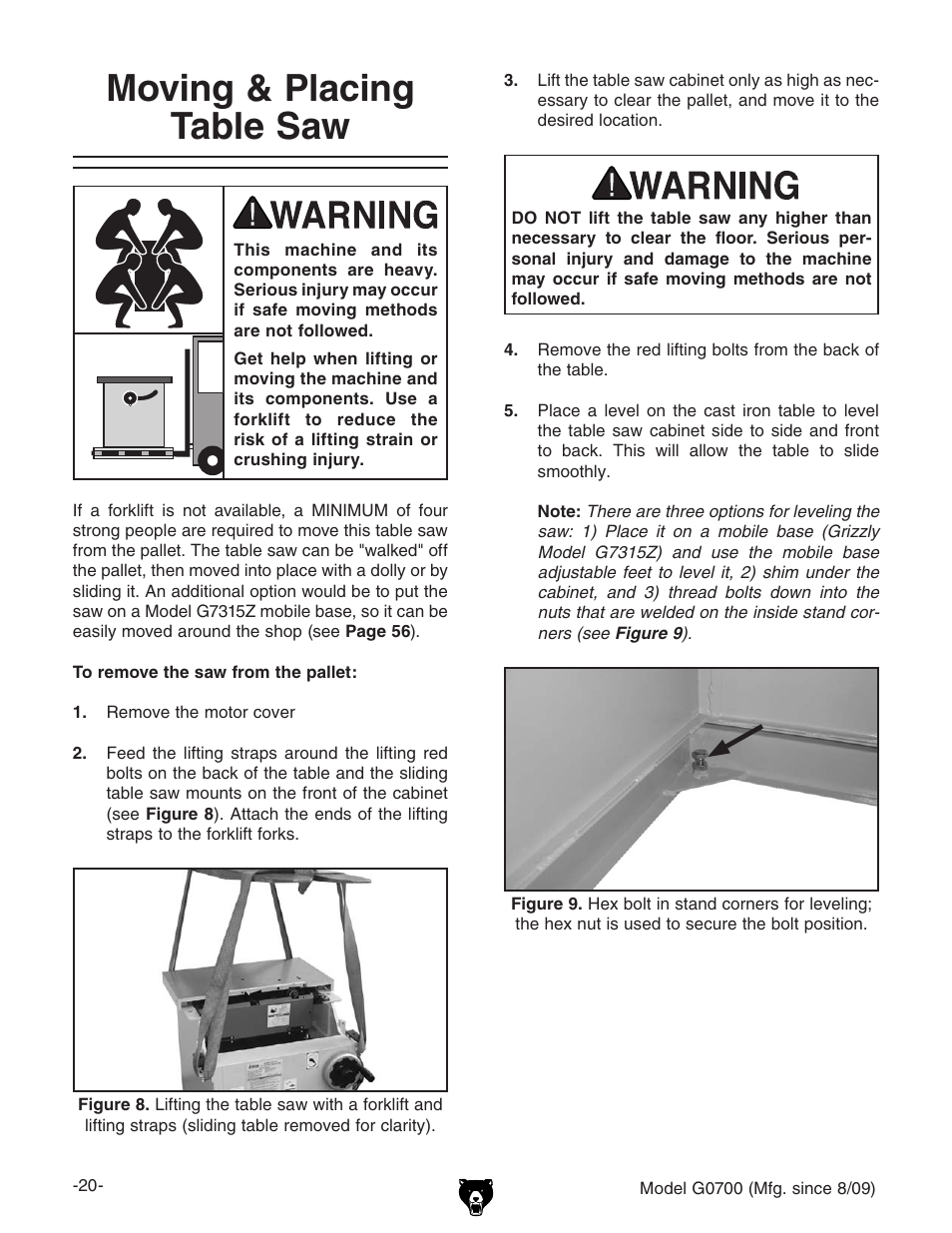 Moving & placing table saw | Grizzly G0700 User Manual | Page 22 / 88