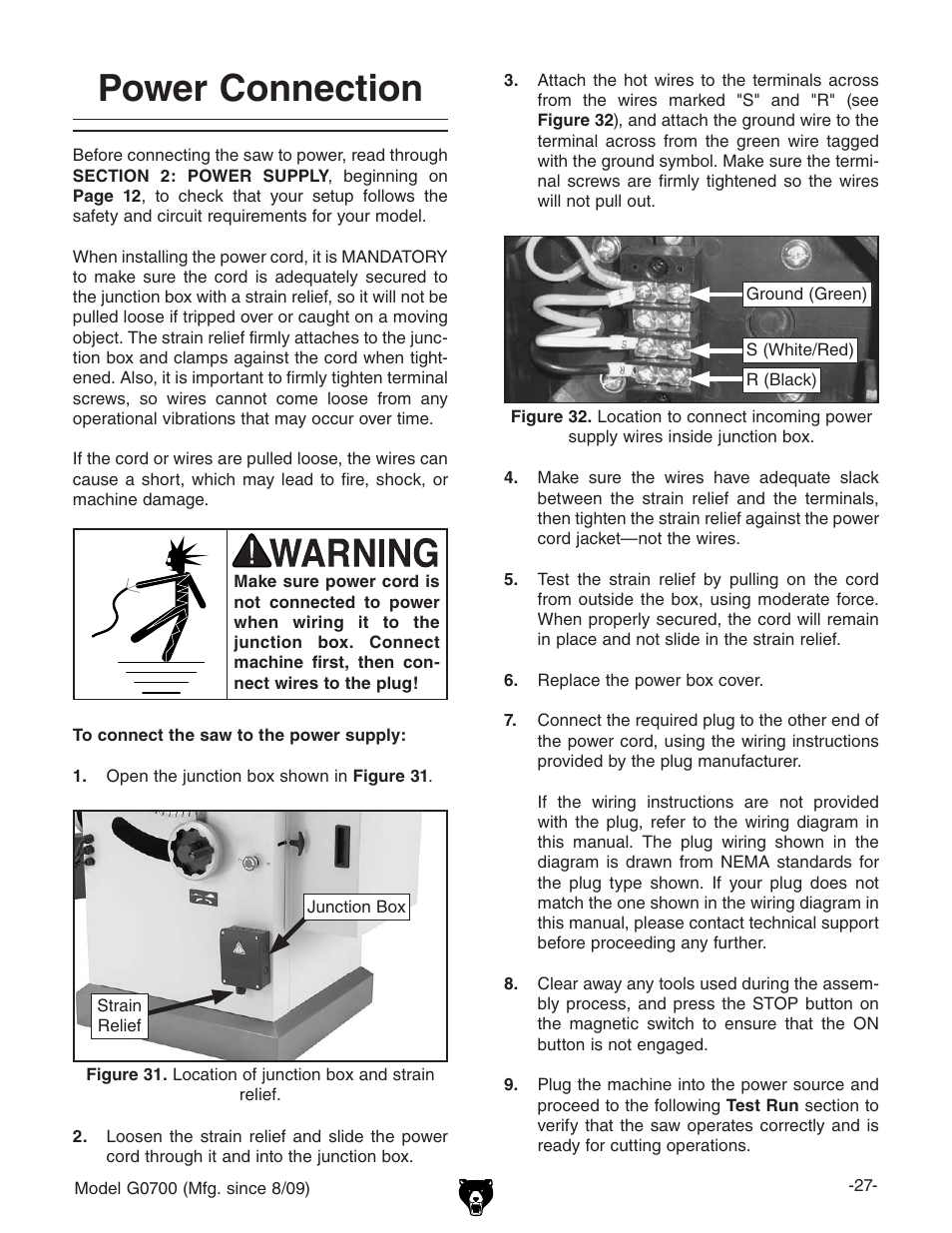 Power connection | Grizzly G0700 User Manual | Page 29 / 88