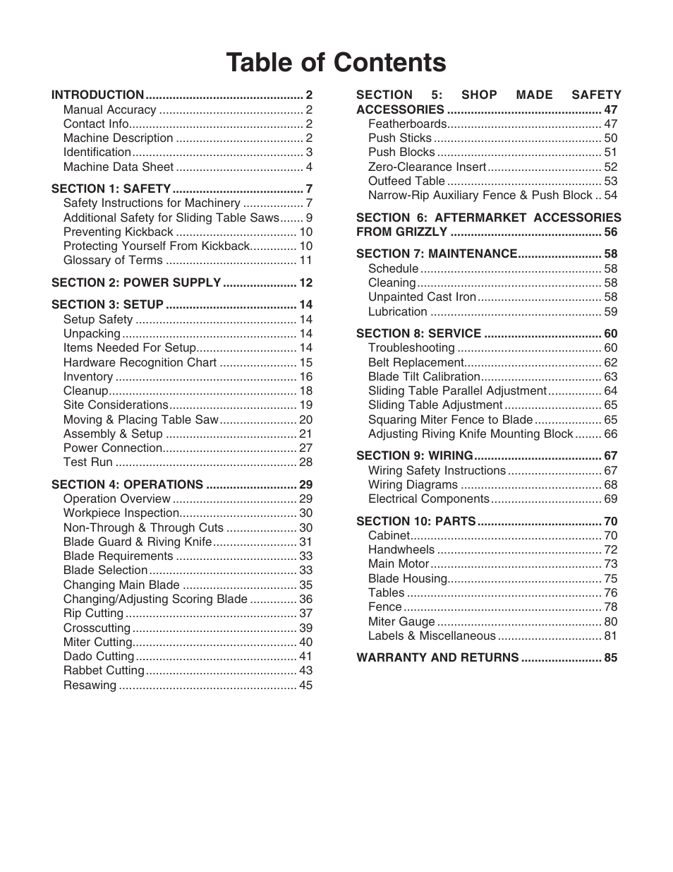 Grizzly G0700 User Manual | Page 3 / 88