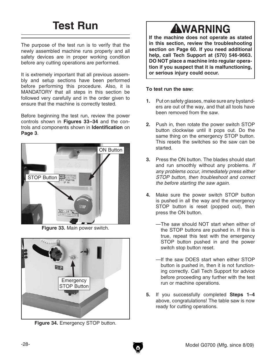 Test run | Grizzly G0700 User Manual | Page 30 / 88