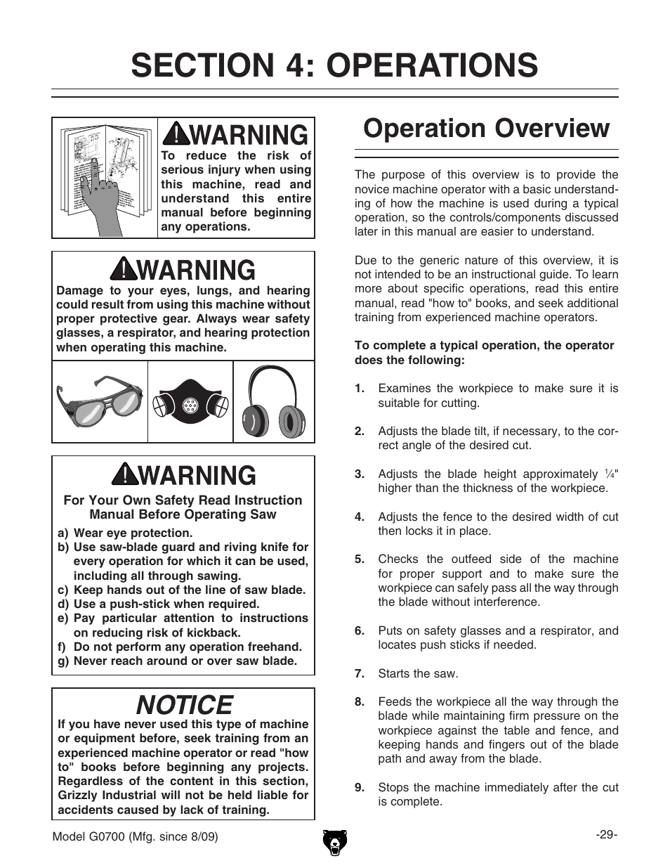 Section 4: operations, Operation overview, Notice | Grizzly G0700 User Manual | Page 31 / 88