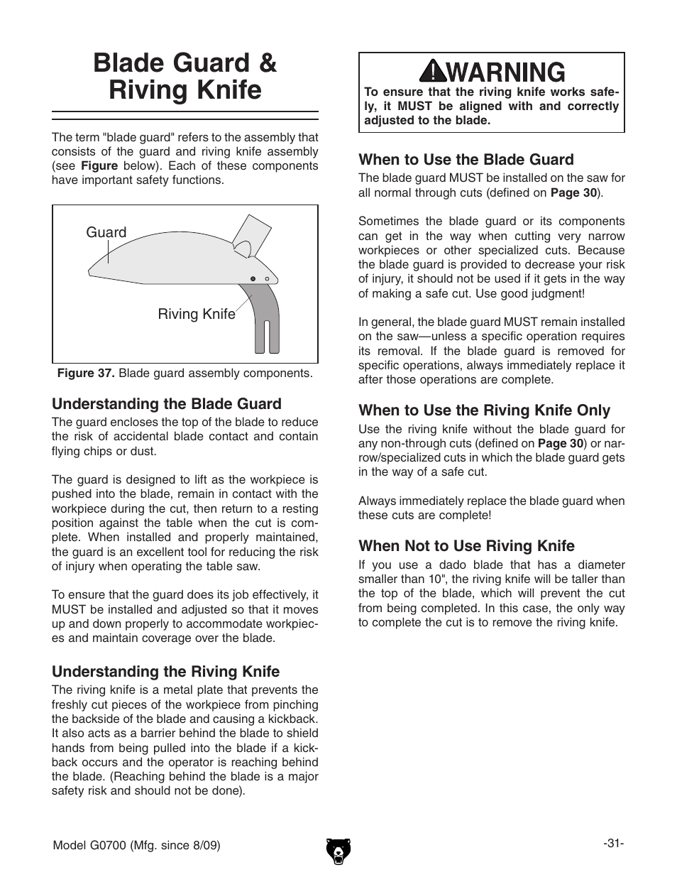 Blade guard & riving knife | Grizzly G0700 User Manual | Page 33 / 88