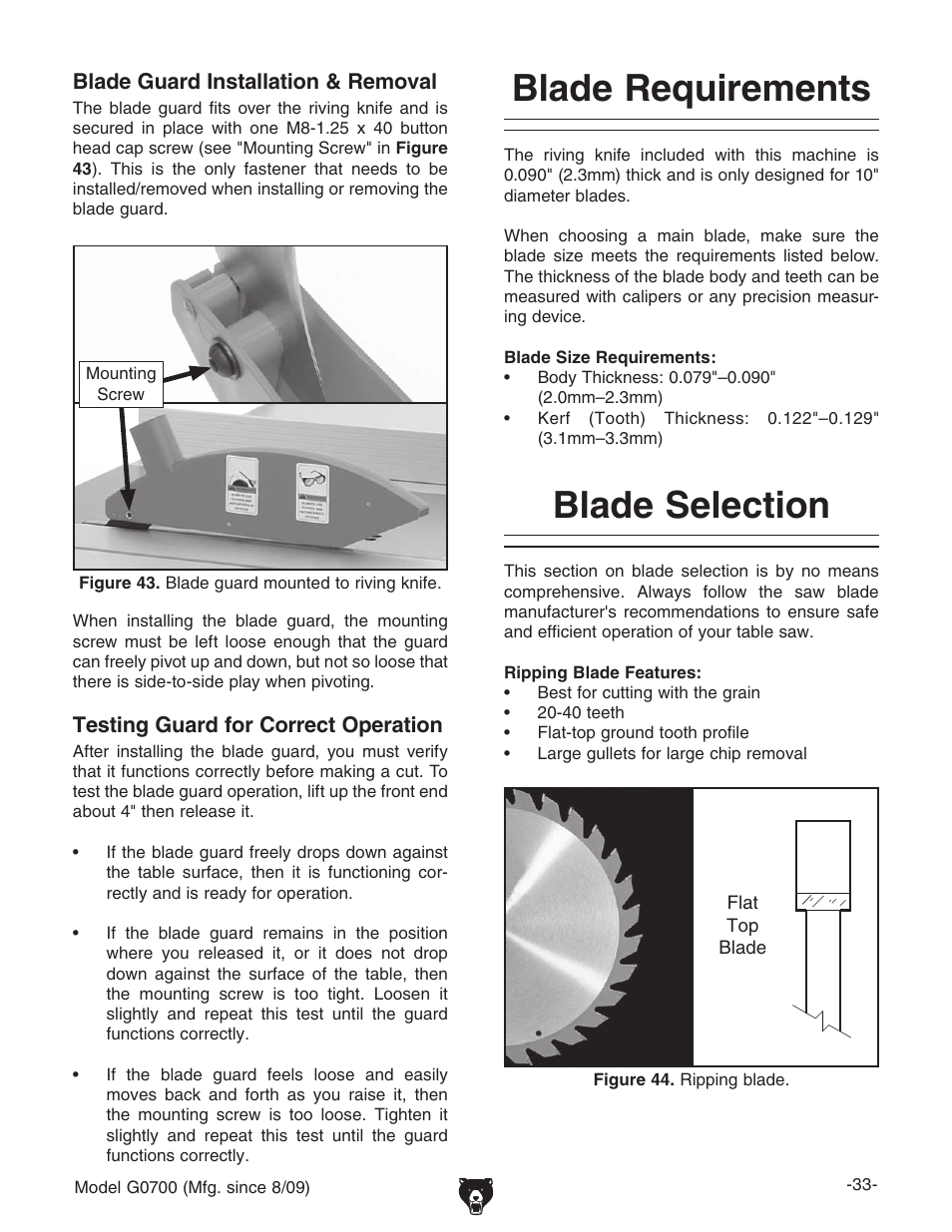 Blade requirements blade selection, Blade requirements, Blade selection | Grizzly G0700 User Manual | Page 35 / 88