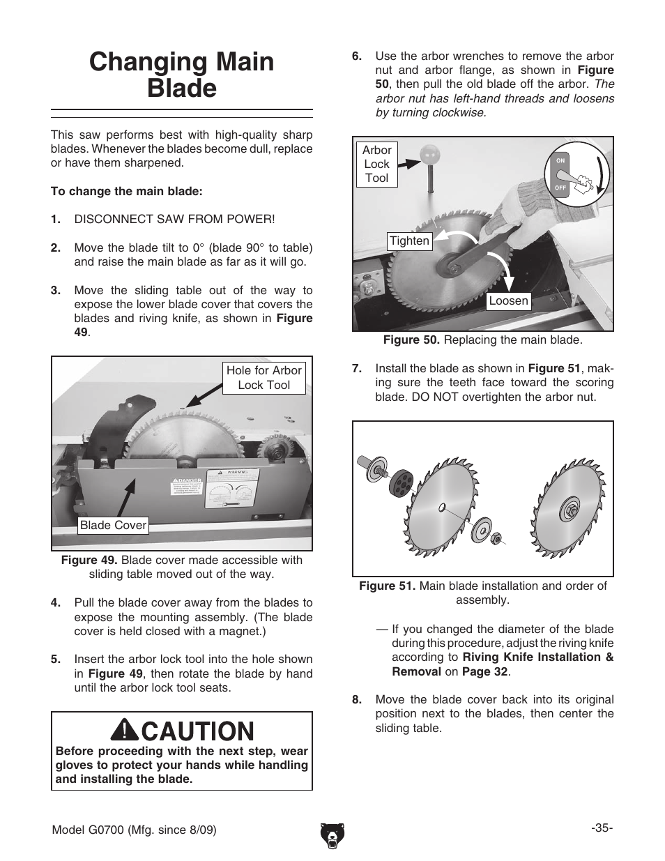 Changing main blade | Grizzly G0700 User Manual | Page 37 / 88