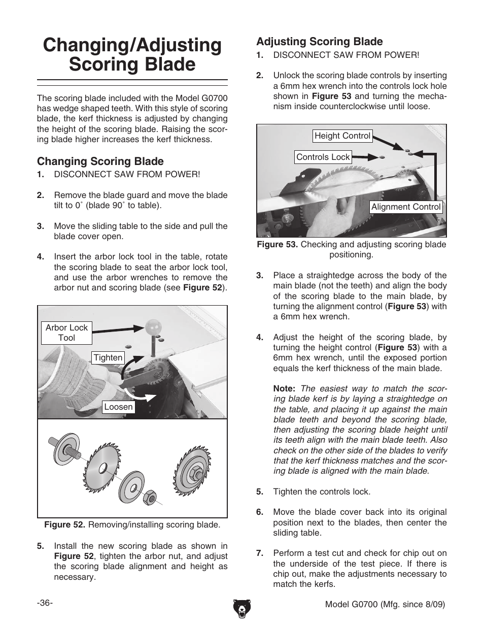 Changing/adjusting scoring blade | Grizzly G0700 User Manual | Page 38 / 88