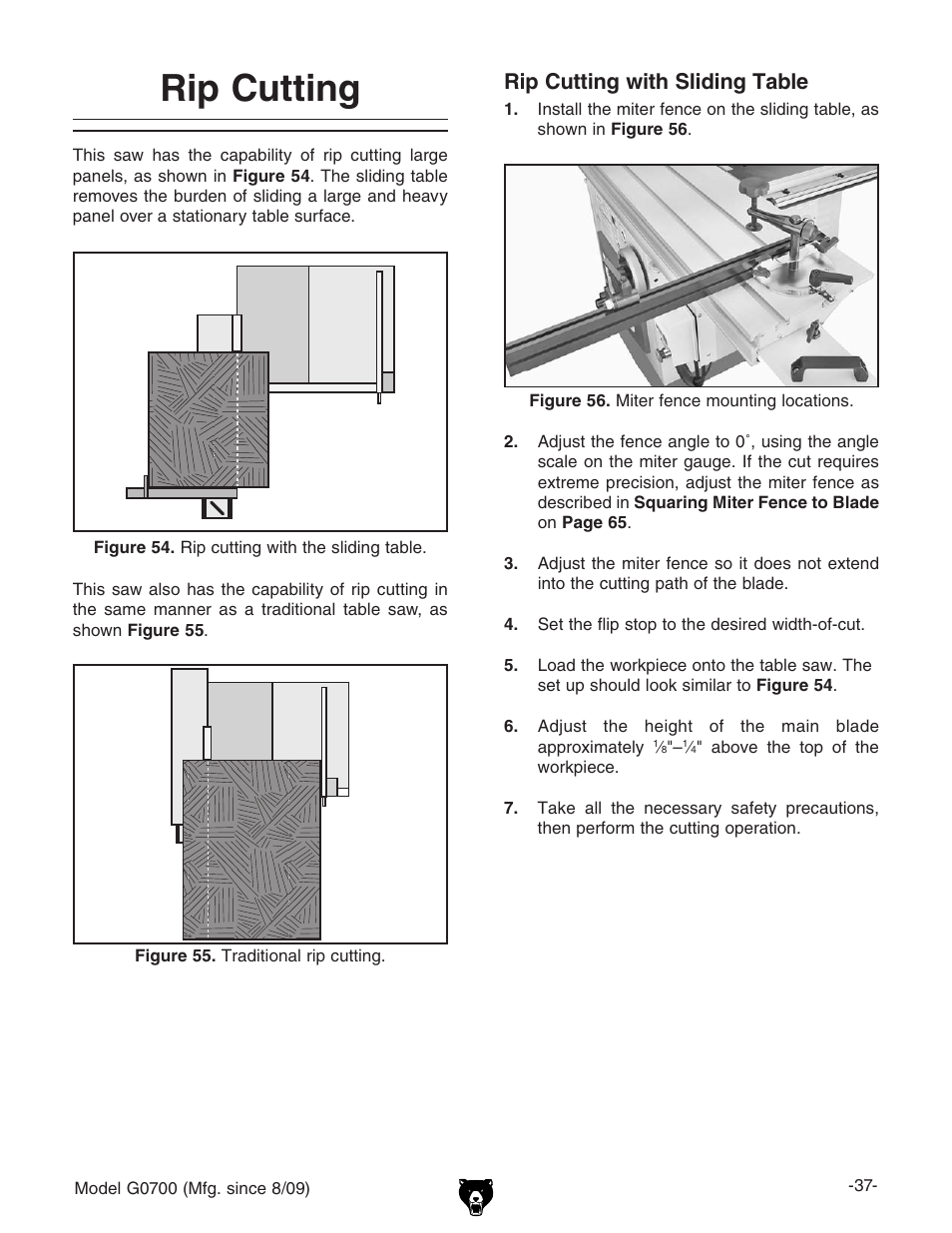 Rip cutting, Rip cutting with sliding table | Grizzly G0700 User Manual | Page 39 / 88