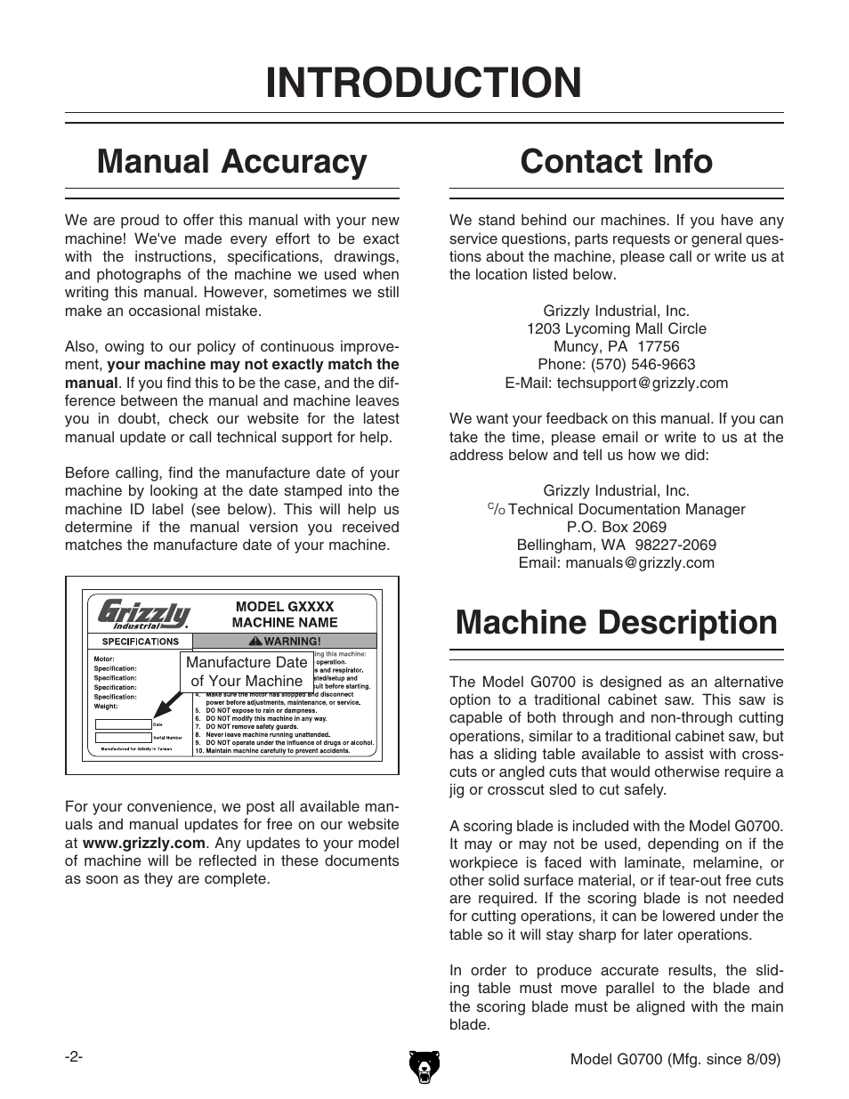 Introduction, Manual accuracy contact info machine description, Machine description | Contact info, Manual accuracy | Grizzly G0700 User Manual | Page 4 / 88