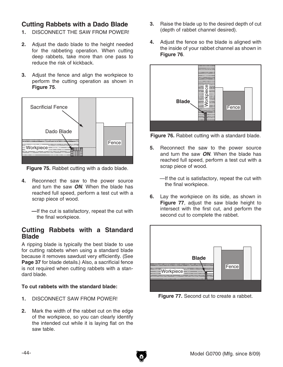 Cutting rabbets with a dado blade, Cutting rabbets with a standard blade | Grizzly G0700 User Manual | Page 46 / 88