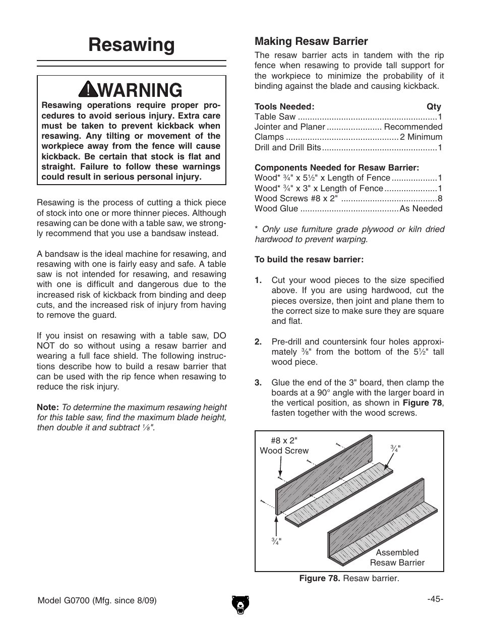 Resawing, Making resaw barrier | Grizzly G0700 User Manual | Page 47 / 88