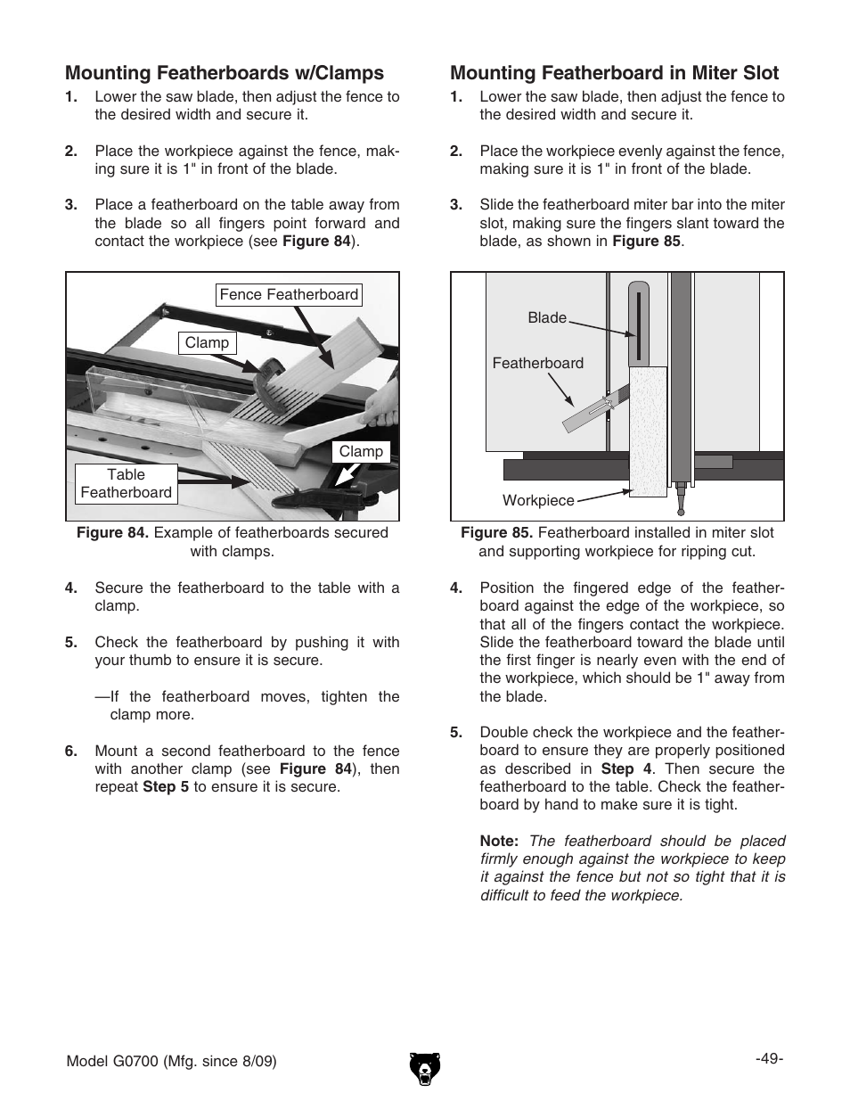 Mounting featherboard in miter slot, Mounting featherboards w/clamps | Grizzly G0700 User Manual | Page 51 / 88