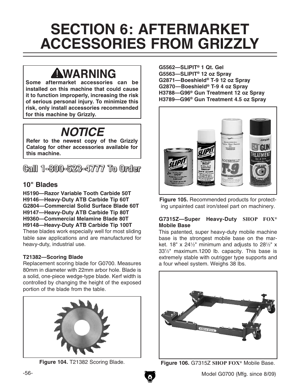 Section 6: aftermarket accessories, From grizzly, Notice | 10" blades | Grizzly G0700 User Manual | Page 58 / 88