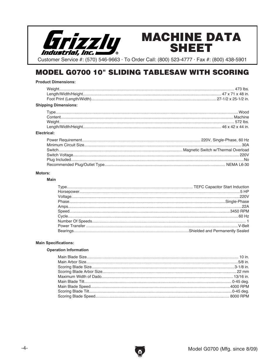 Machine data sheet | Grizzly G0700 User Manual | Page 6 / 88