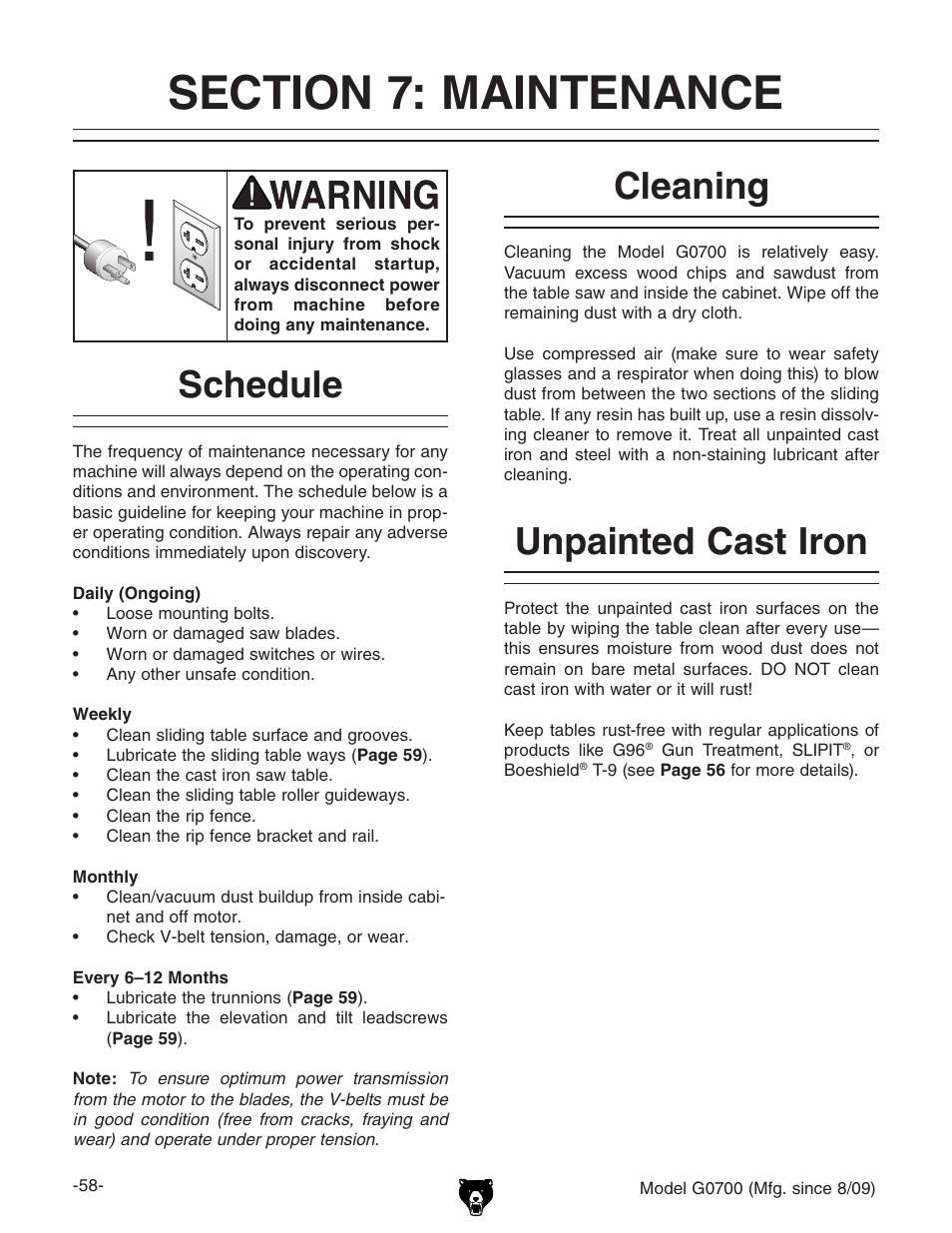 Section 7: maintenance, Schedule cleaning unpainted cast iron, Cleaning | Unpainted cast iron, Schedule | Grizzly G0700 User Manual | Page 60 / 88